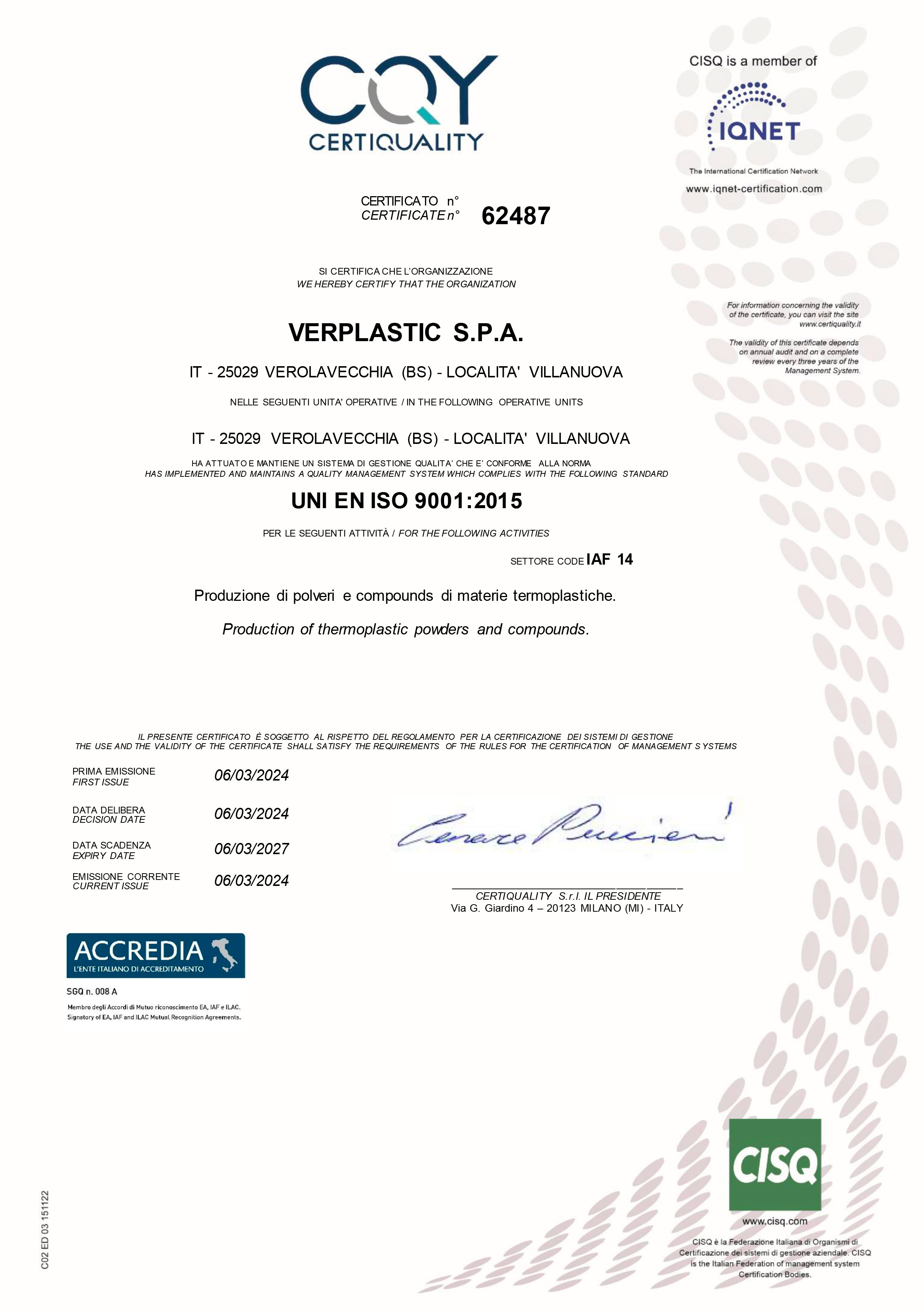 Quality Certification Verplastic